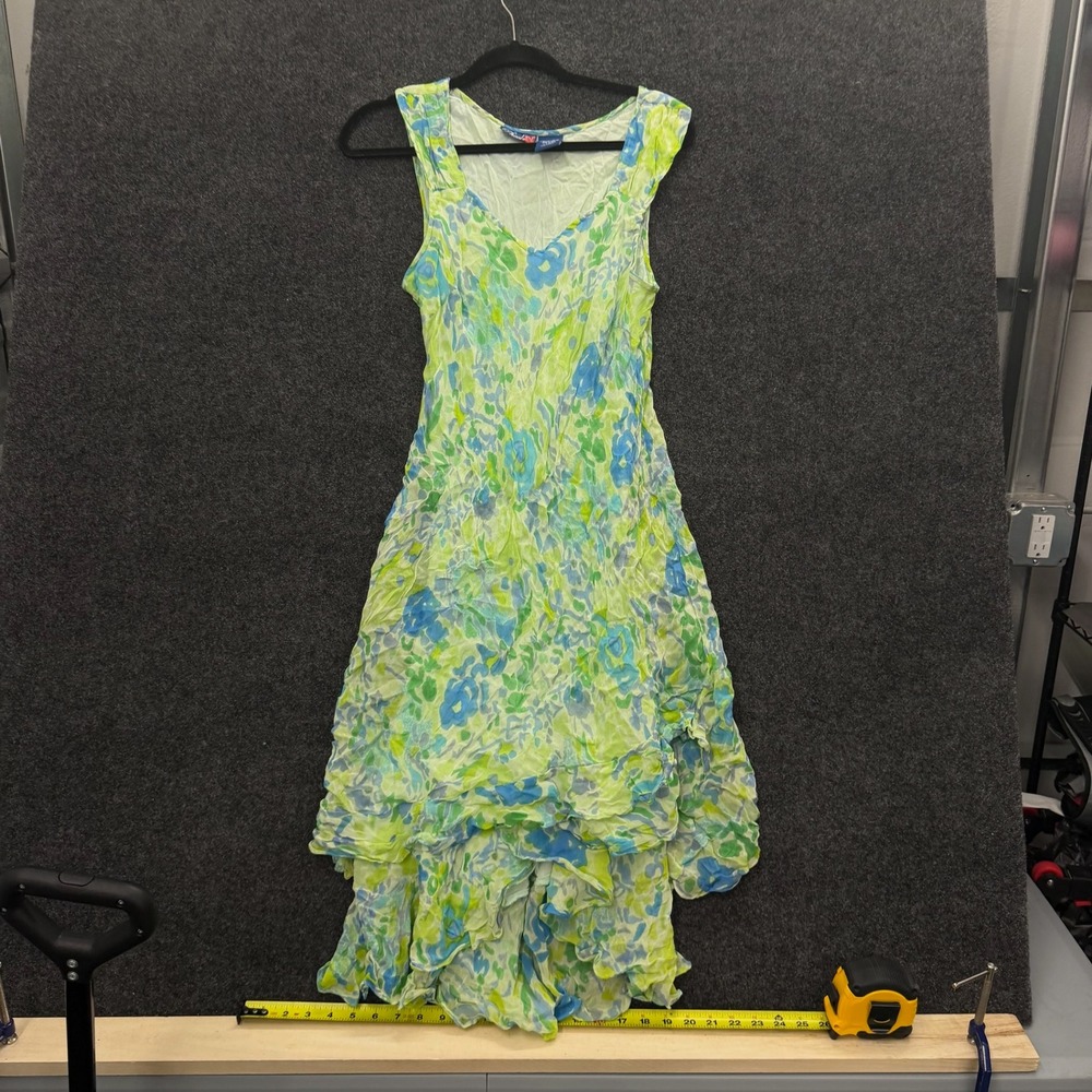 Vintage Phool Womens Green Blue Floral Rayon Ruffle High Low Midi Dress Large